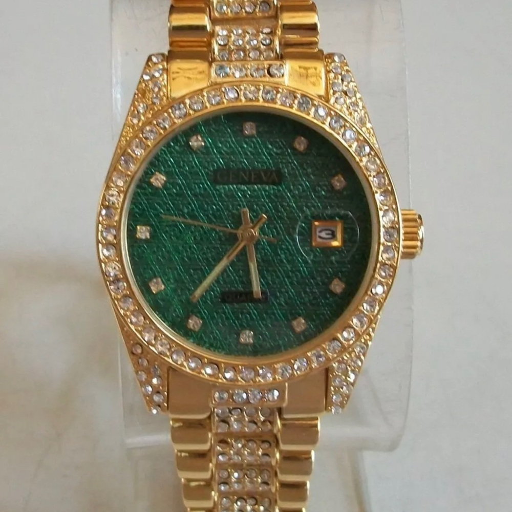 Men's stone gold finish green date dial dressy/party fashion wrist watch